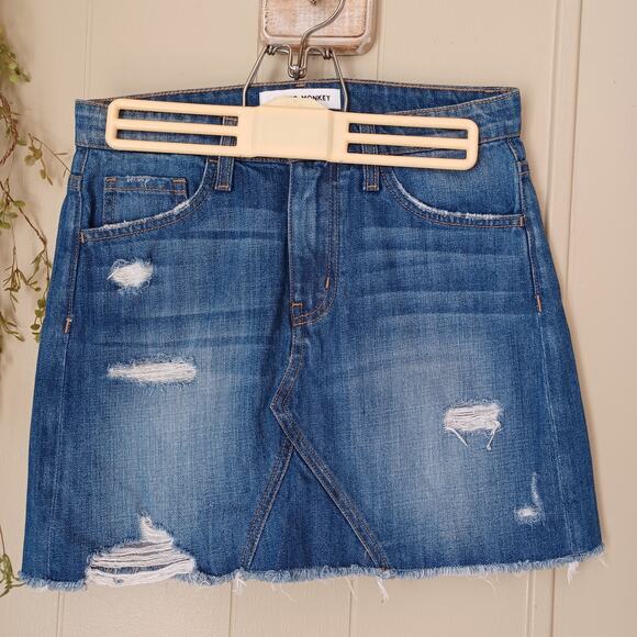 Y2k Style 100% cotton Flying Monkey Distressed Mini Skirt Size 25 blue denim - Picture 2 of 7